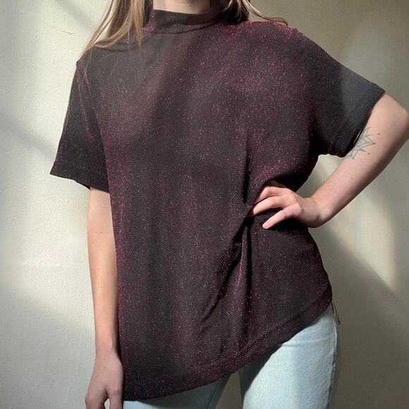 Vintage Appàrenza Black Red Sparkle Mock Neck Y2K Shirt 90s 00s NYE - Picture 2 of 9